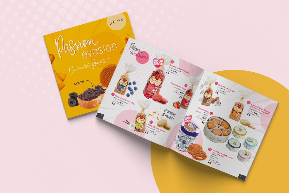 Création couverture et mise en page intérieure du catalogue France Challenges présentant une gamme de biscuits artisanaux (croustillants, sablés), design éditorial et graphisme produit par Well Com Studio Graphique à Albi.