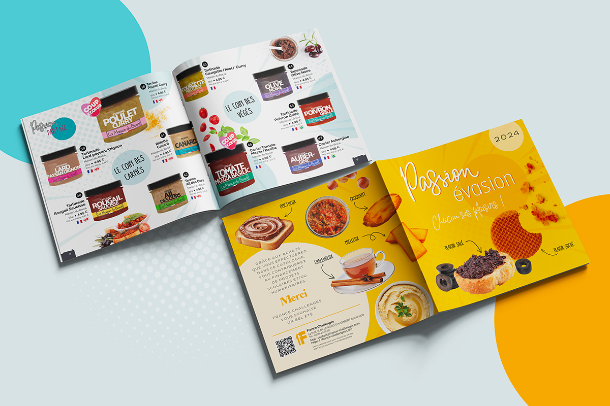 Mise en page du catalogue produits printemps 2024 pour France Challenges, design éditorial et graphisme par Well Com Studio Graphique à Albi.