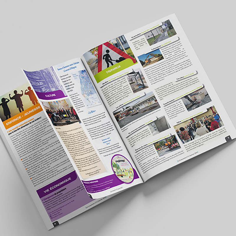 Double page intérieure du bulletin municipal de Lescure d'Albigeois présentant les rubriques travaux et enfance, mise en page de magazine communal par Well Com Studio Graphique à Albi.