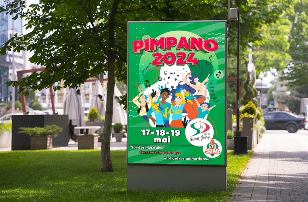 Affiche publicitaire urbaine (format sucette) verte pour le festival Pimpano 2024 à Saint-Juéry, création graphique événementielle par Well Com Studio Graphique à Albi.