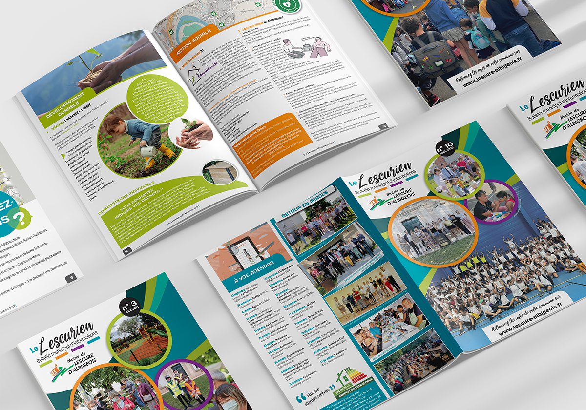 Mise en page du bulletin municipal "Le Lescurien" pour la Mairie de Lescure d'Albigeois, design éditorial et communication publique par Well Com Studio Graphique à Albi.
