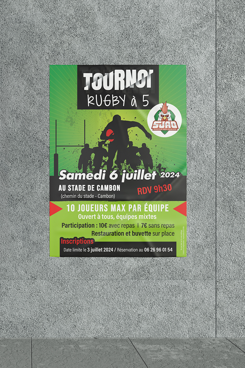 Affiche A0 pour le tournoi de rugby à 5 du SJAO, création graphique événementielle pour association sportive par Well Com Studio graphique à Albi.