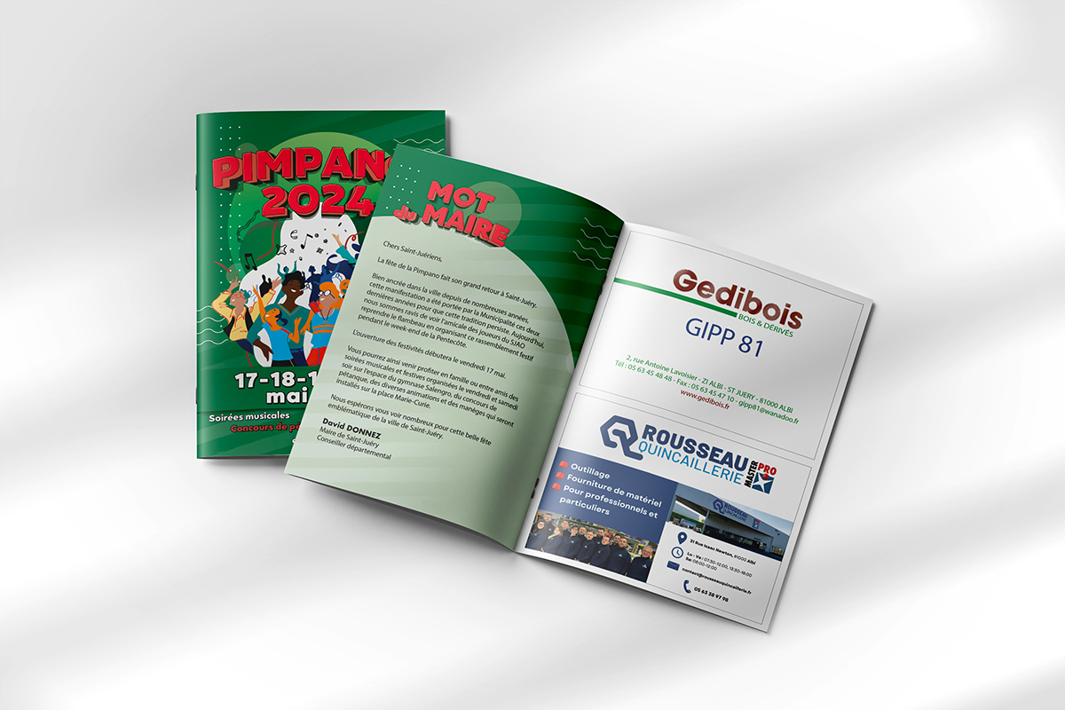 Maquette de brochure A5 pour le programme Pimpano 2024 à Saint-Juéry, mise en page par Well Com Studio graphique à Albi.