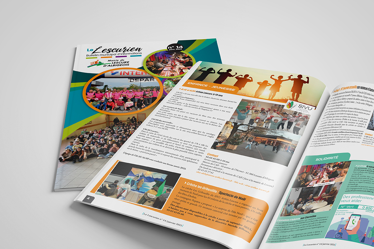 Vue d'ensemble de plusieurs pages et numéros du bulletin municipal de Lescure d'Albigeois (Action Sociale, Agenda, Développement Durable), charte graphique éditoriale par Well Com Studio Graphique à Albi.