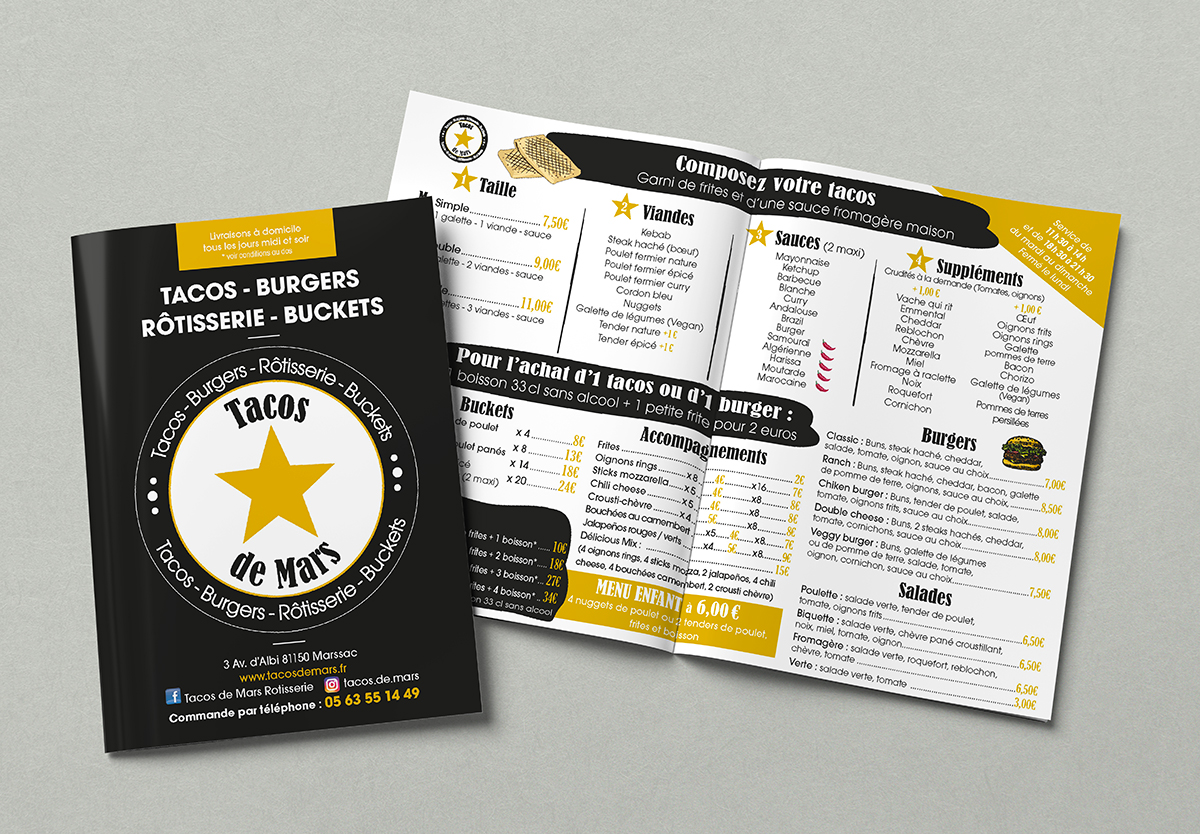 Maquette de flyer menu dépliant pour le restaurant Tacos de Mars à Marssac, présentant les tarifs et produits. Conception graphique de supports publicitaires par Well Com Studio Graphique à Albi.