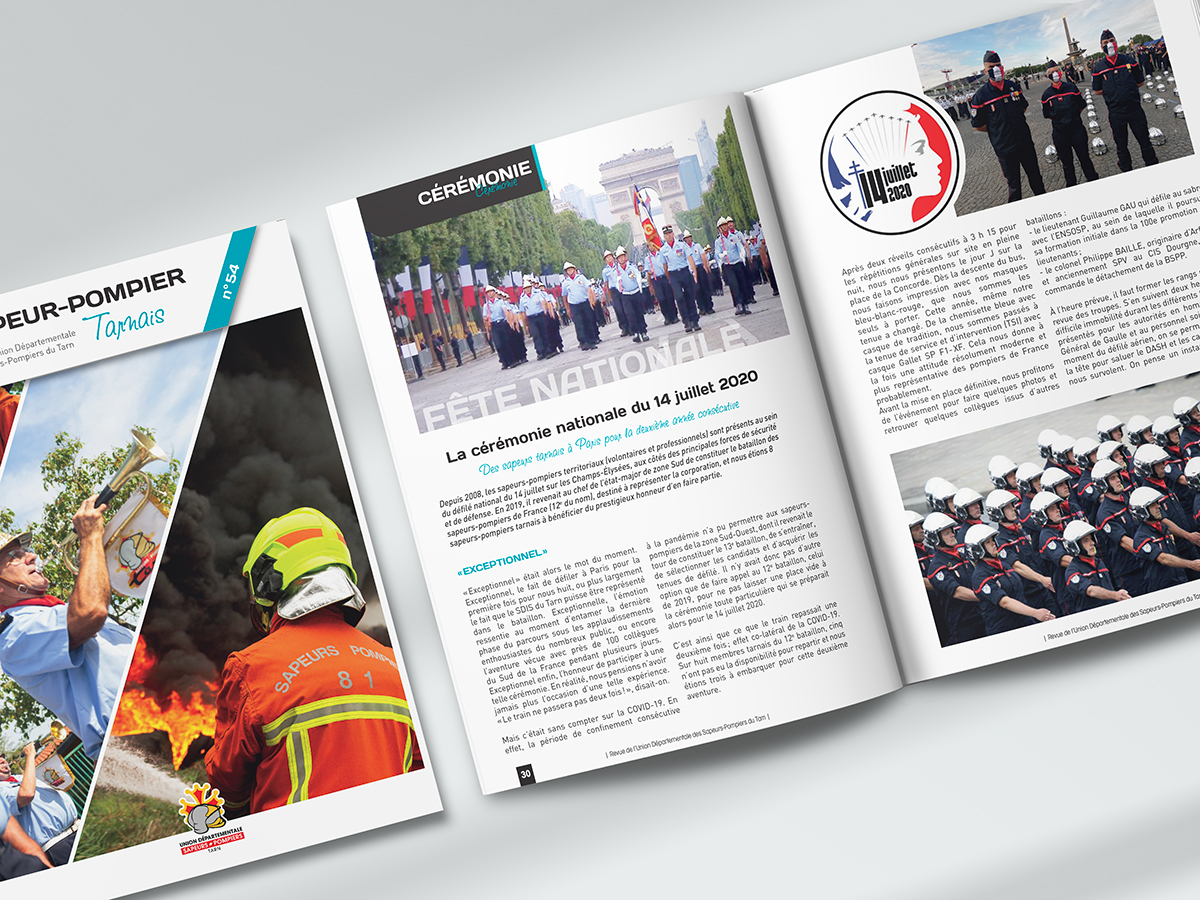 Double page intérieure de la revue "Sapeur-Pompier Tarnais" n°54 relatant la cérémonie du 14 juillet, mise en page de magazine institutionnel par Well Com Studio Graphique à Albi.