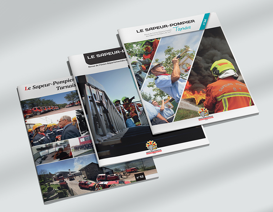 Collection de plusieurs couvertures annuelles de la revue "Le Sapeur-Pompier Tarnais", conception graphique et design éditorial annuel par Well Com Studio Graphique à Albi.