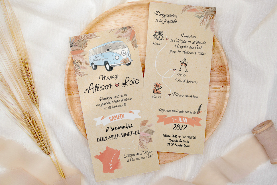 Programme du jour J (Timeline) et faire-part de mariage avec pictogrammes horaires et illustration Combi VW, création de papeterie coordonnée par Well Com Studio Graphique à Albi.