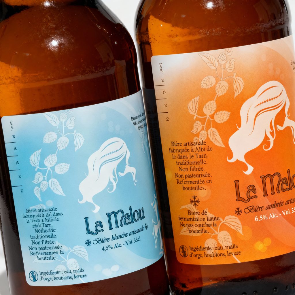 Gamme de bouteilles de bière Brasserie La Malou (Ambrée, Blanche, Blonde) avec étiquettes colorées et verre de bière servi, création de packaging et déclinaison de gamme par Well Com Studio Graphique à Albi.