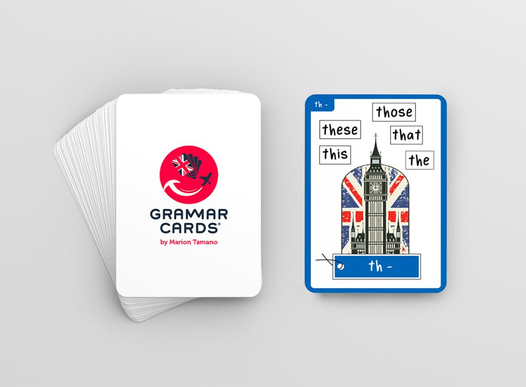 Dos de carte avec logo et face illustrée (Big Ben) du jeu éducatif "Grammar Cards", design de jeu de cartes et illustration par Well Com Studio Graphique à Albi.