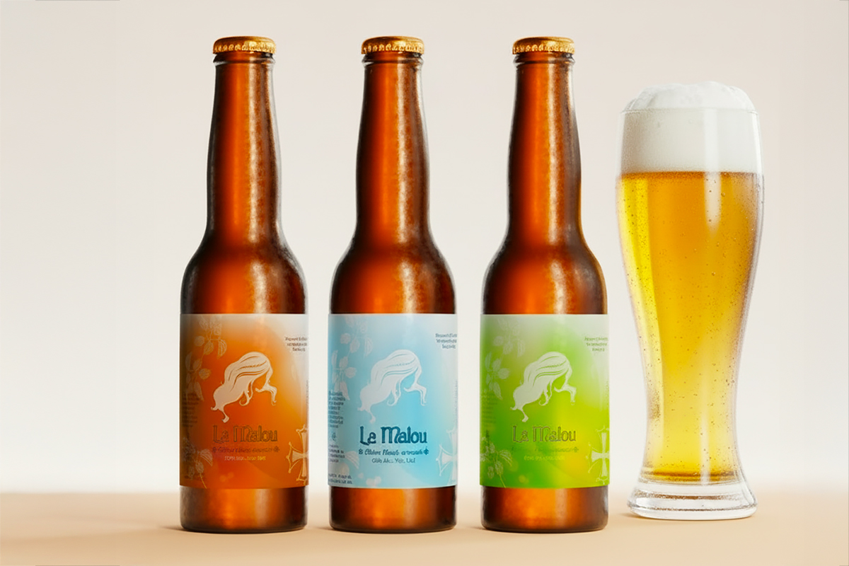 Gamme de bouteilles de bière Brasserie La Malou (Ambrée, Blanche, Blonde) avec étiquettes colorées et verre de bière servi, création de packaging et déclinaison de gamme par Well Com Studio Graphique à Albi.