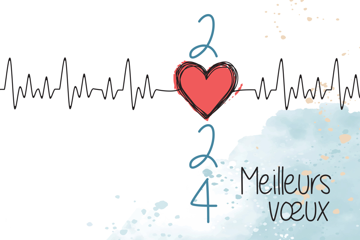 Carte de vœux 2024 illustrée pour le service cardiologie de la Clinique Claude Bernard : ligne de vie (ECG) se transformant en cœur rouge sur fond aquarelle, création graphique par Well Com Studio Graphique à Albi.