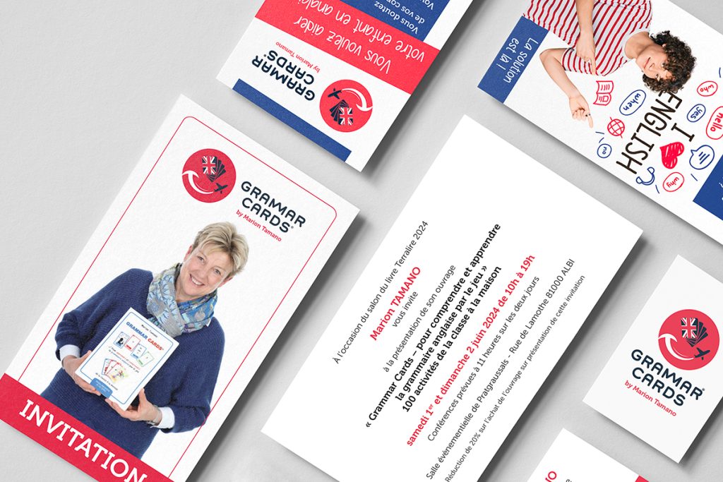 Supports de communication, carte de visite, flyer et invitation mais aussi création d'identité visuelle pour le jeu éducatif "Grammar Cards" par Well Com Studio Graphique à Albi.