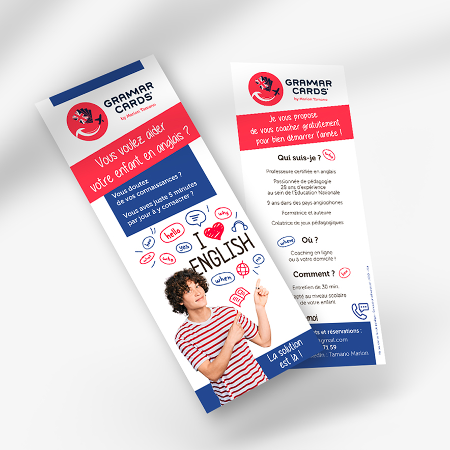 Flyer format DL recto-verso pour le coaching en anglais "Grammar Cards", création de dépliant publicitaire et mise en page par Well Com Studio Graphique à Albi.