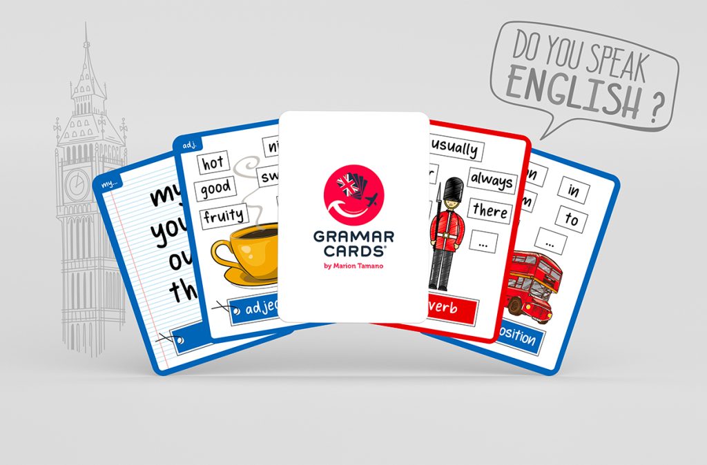 Éventail d'un échantillon de cartes du jeu éducatif "Grammar Cards", présentant des illustrations (bus anglais, garde) et des catégories grammaticales. Design de jeu de cartes par Well Com Studio Graphique à Albi.