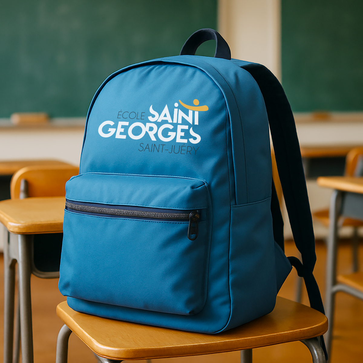 Sac à dos d'école bleu personnalisé avec le logo blanc École Saint-Georges Saint-Juéry, création d'objets publicitaires et goodies scolaires par Well Com Studio Graphique à Albi.