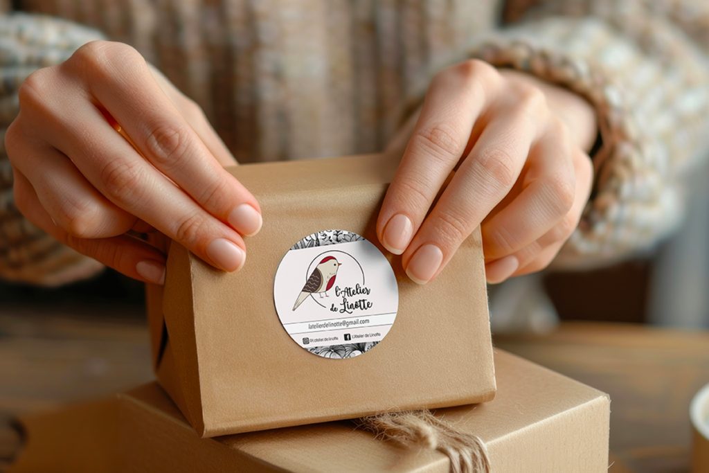 Sticker rond autocollant avec le logo l'Atelier de Linotte collé sur un emballage colis, création d'identité visuelle et packaging par Well Com Studio Graphique à Albi.