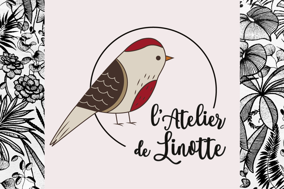Logotype illustré avec oiseau (linotte) et motifs végétaux pour la marque "L'Atelier de Linotte", création d'identité visuelle artisanale et poétique par Well Com Studio Graphique à Albi.