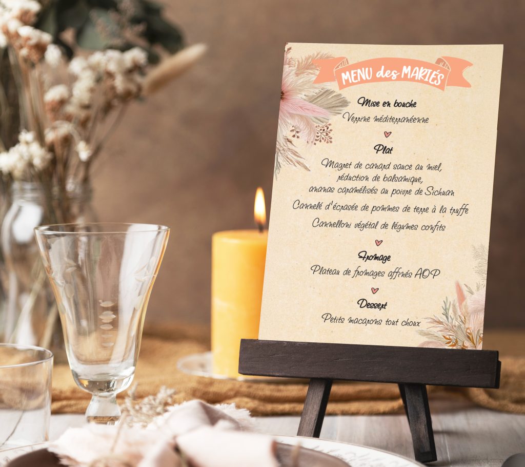 Carte de menu de mariage style bohème chic avec illustrations florales (pampas) posée sur un chevalet, création de papeterie de table par Well Com Studio Graphique à Albi.