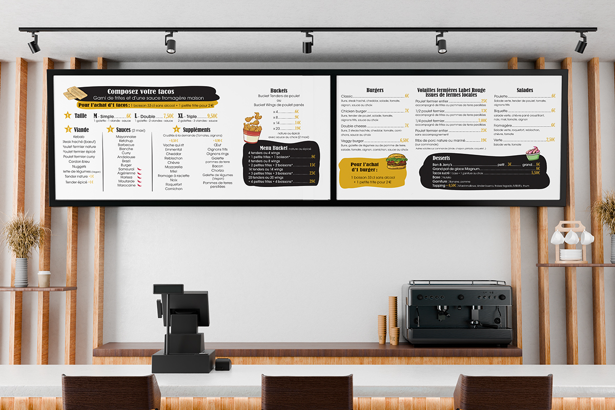 anneaux de menu (menu board) suspendus affichant la carte du restaurant Tacos de Mars, création graphique et mise en page par Well Com Studio graphique à Albi.