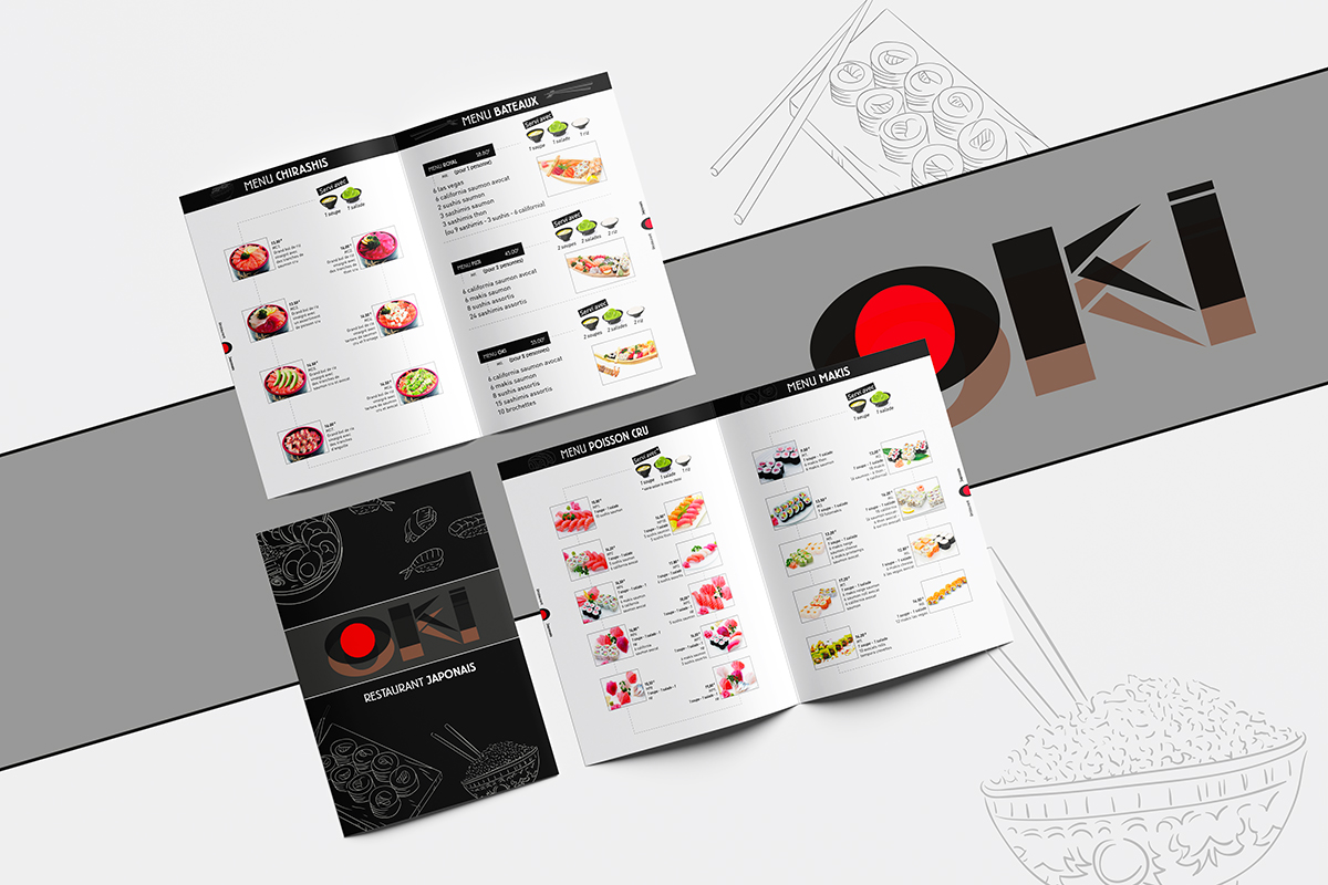 Mise en page intérieure du menu du restaurant japonais OKI avec photos de sushis et makis, création graphique et exécution par Well Com Studio Graphique à Albi.