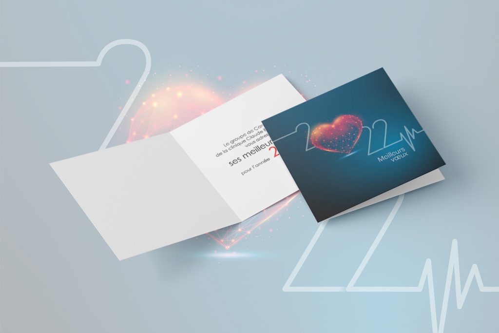 Carte de vœux 2022 carrée avec illustration d'un cœur graphique stylisé (lignes connectées) pour les cardiologues de la Clinique Claude Bernard, création graphique médicale par Well Com Studio Graphique à Albi.
