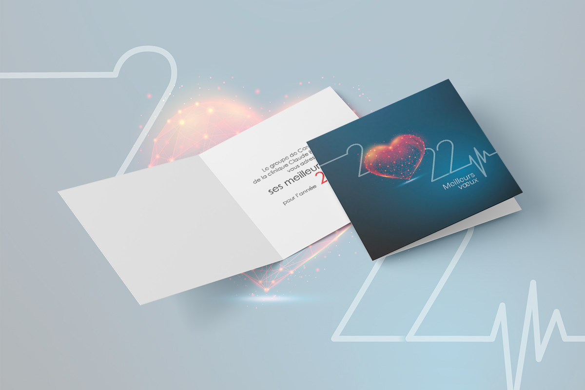 Carte de vœux 2022 carrée avec illustration d'un cœur graphique stylisé (lignes connectées) pour les cardiologues de la Clinique Claude Bernard, création graphique médicale par Well Com Studio Graphique à Albi.