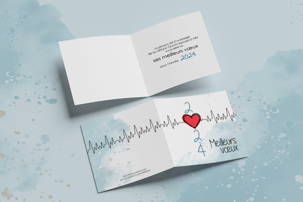 Carte de vœux 2024 minimaliste sur fond blanc avec illustration de cœur rouge crayonné et ligne de battement cardiaque, création graphique pour cardiologue par Well Com Studio Graphique à Albi.