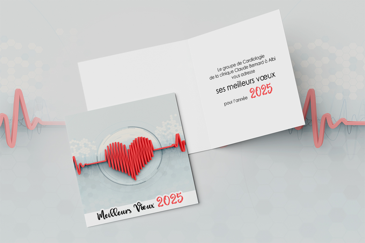 arte de vœux 2025 pour cardiologue avec illustration d'un cœur rouge en fils tendus (style string art) et tracé ECG, création graphique médicale par Well Com Studio Graphique à Albi.