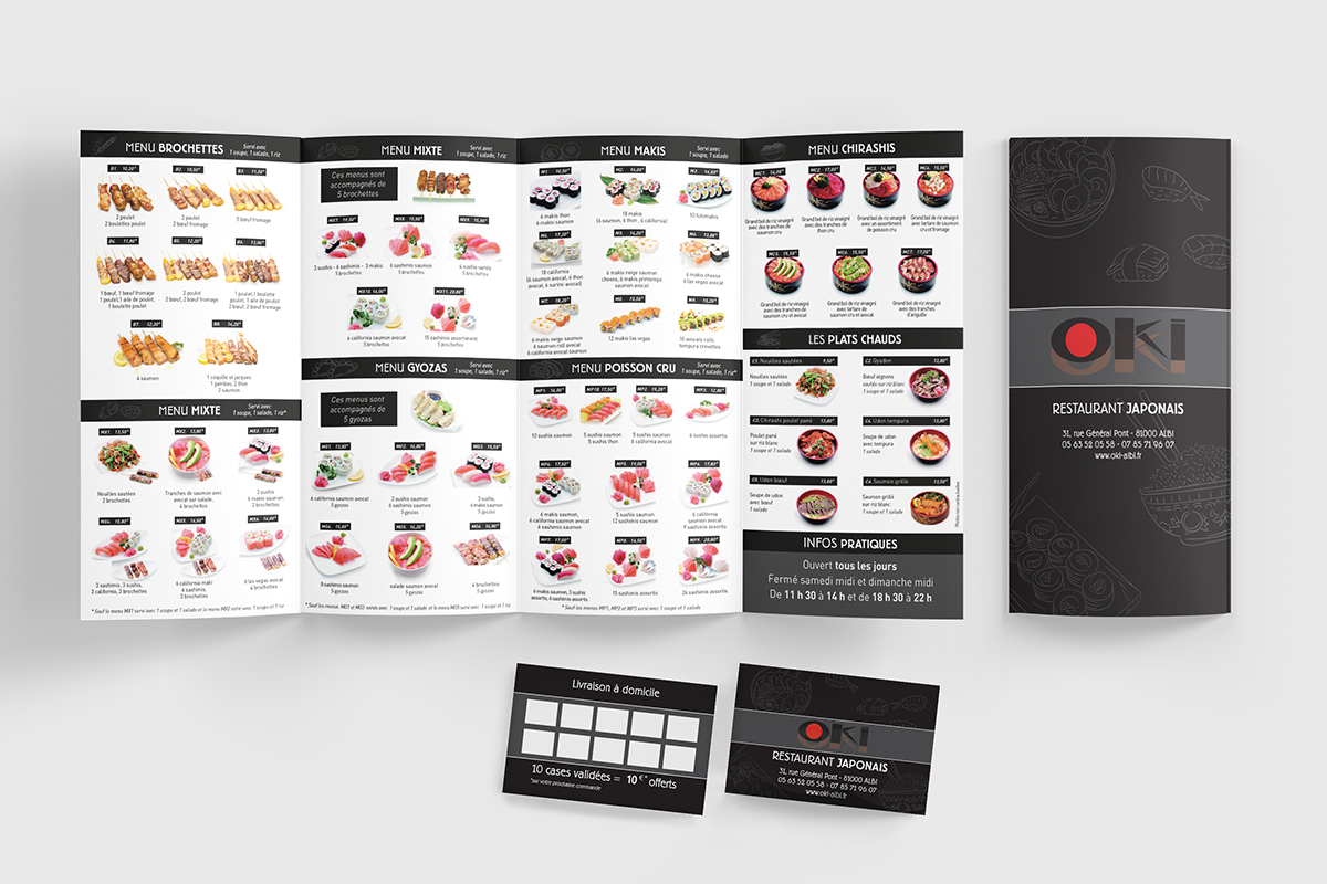 Maquette de flyer menu dépliant et carte de fidélité pour le restaurant japonais OKI, création graphique de supports print par Well Com Studio Graphique à Albi.