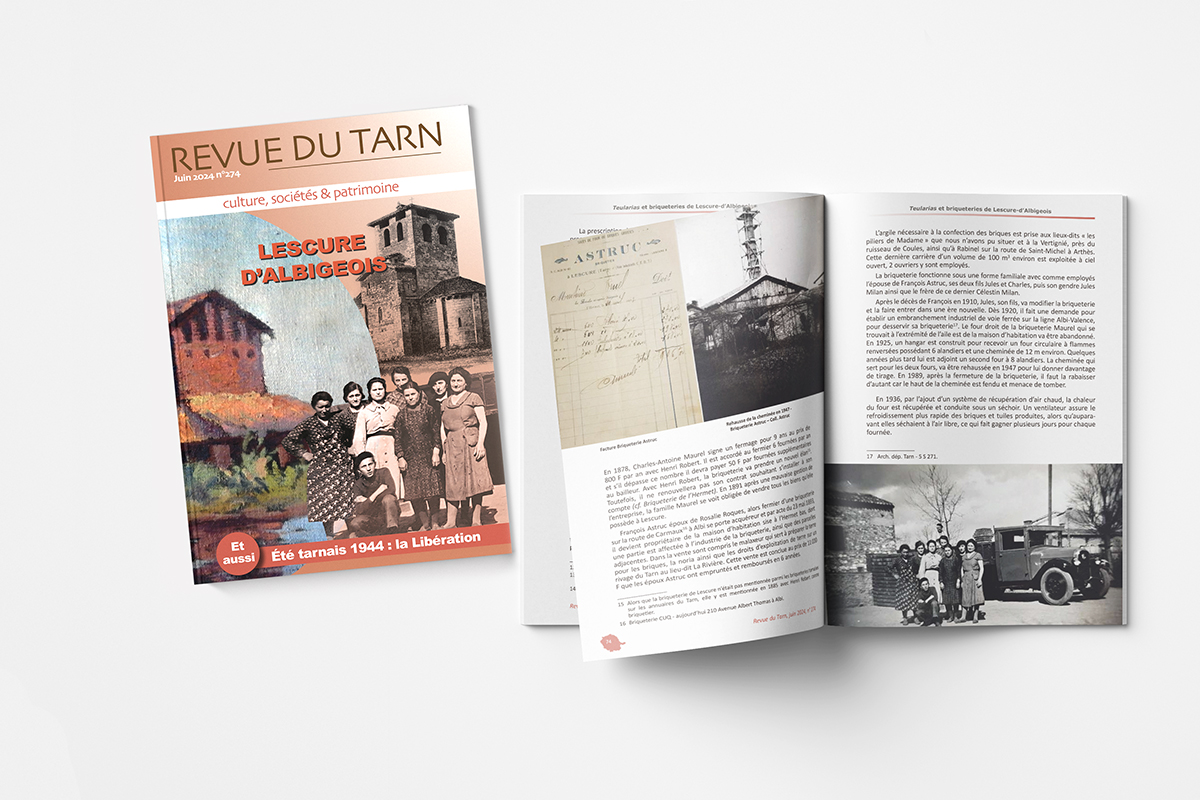 Couverture et double page intérieure de la Revue du Tarn n°274 consacrée à Lescure d'Albigeois, design éditorial et mise en page historique par Well Com Studio Graphique à Albi.