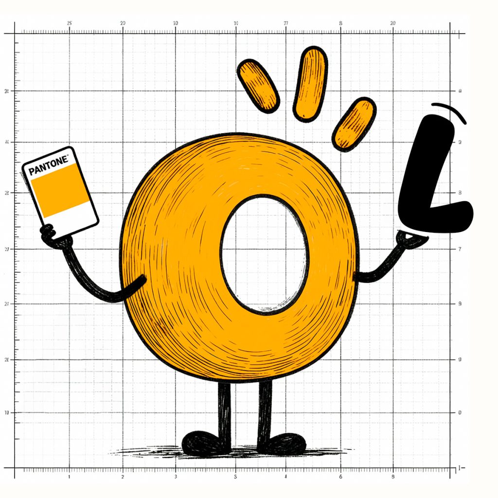Mascotte lettre O orange tenant un nuancier Pantone et une lettre L noire, illustration ludique des compétences en identité visuelle par Well Com Studio Graphique à Albi.