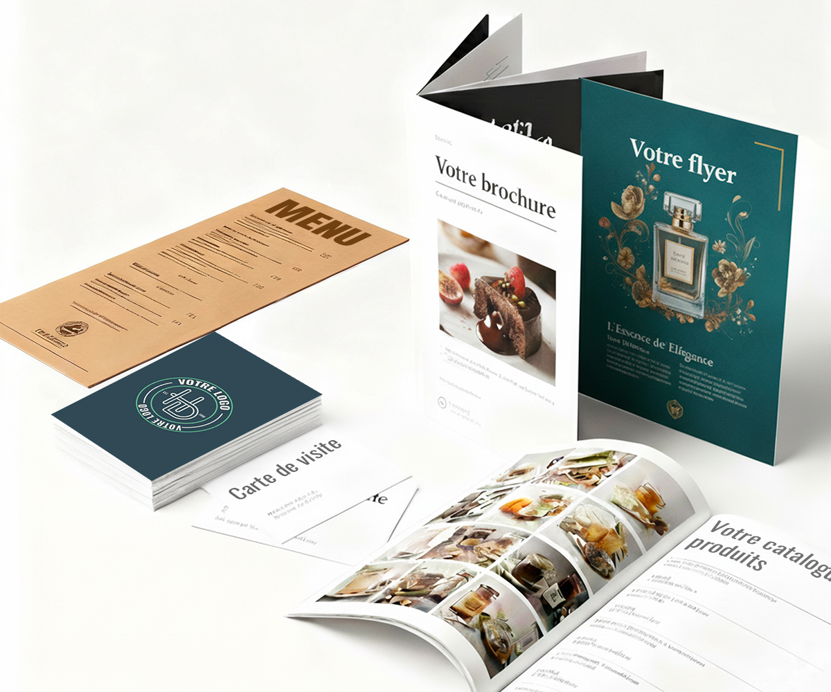 Composition de supports marketing pour professionnels et artisans : menu de restaurant, cartes de visite, flyer publicitaire, brochure et catalogue produits, design par Well Com Studio Graphique à Albi.