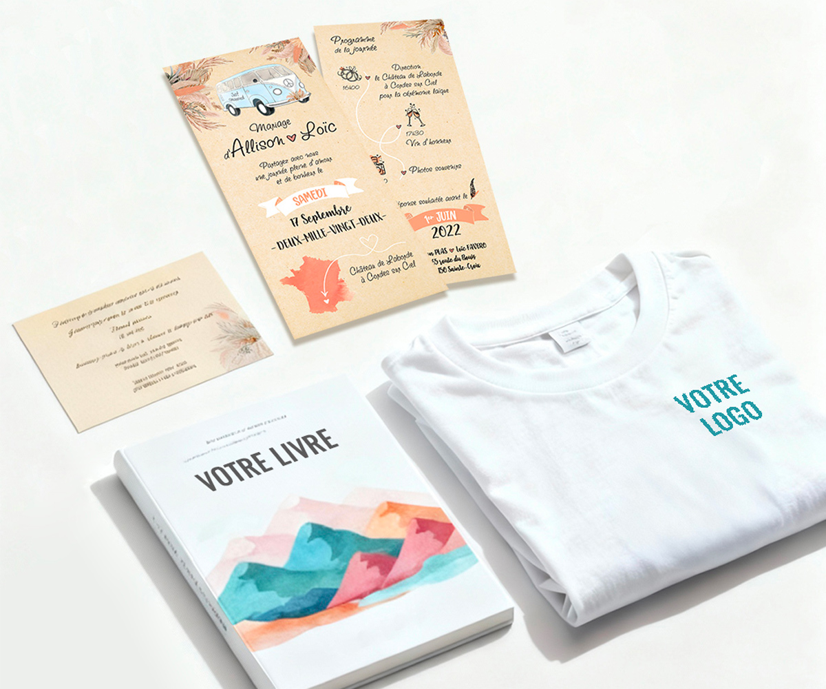 Composition graphique regroupant divers supports de communication : t-shirt à personnaliser, couverture de livre, faire-part de mariage et carte de visite. Présentation des services de design par Well Com Studio Graphique à Albi.
