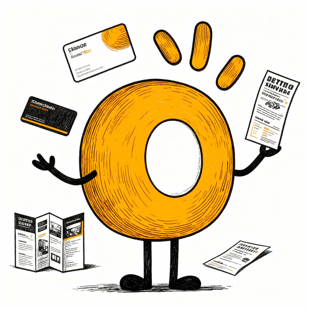 Favicon orange jonglant avec différents supports imprimés (cartes de visite, dépliants, flyers), illustration des services de communication visuelle print par Well Com Studio Graphique à Albi.