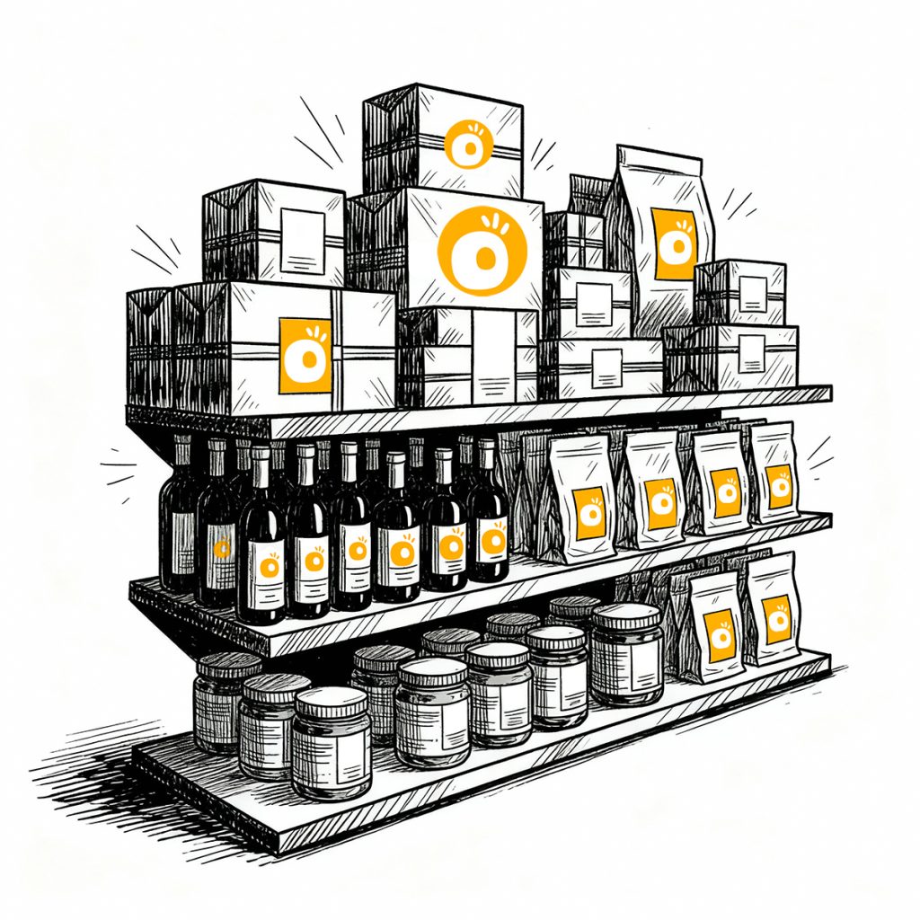 Illustration de rayonnages de magasin remplis de produits divers (bouteilles, boîtes, sachets) avec logos, représentant le service de création de packaging produit par Well Com Studio Graphique à Albi.