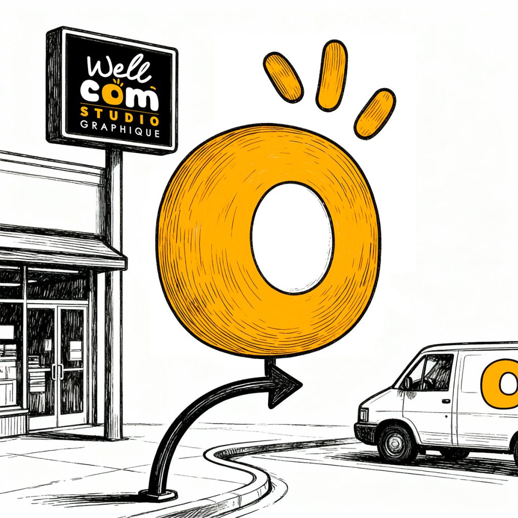 Pictogramme illustrant les services de signalétique, enseigne et marquage de véhicule (flocage) proposés par Well Com Studio Graphique à Albi.