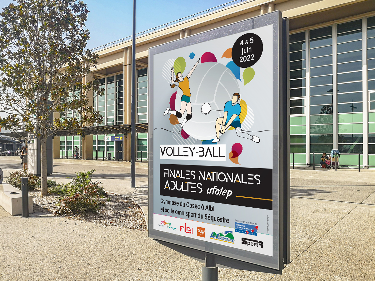 Affiche publicitaire urbaine (panneau sucette) pour les finales nationales de Volley-Ball à Albi et Le Sequestre, création graphique événementielle sport par Well Com Studio Graphique à Albi.
