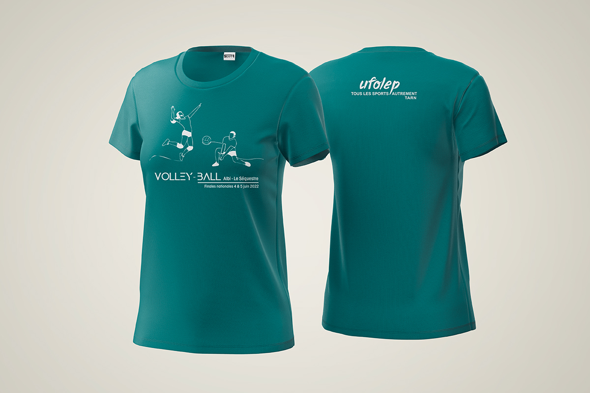 T-shirt de sport technique bleu canard avec flocage blanc pour le club de Volley-Ball La Mygale (Albi Le Sequestre), personnalisation textile événementielle par Well Com Studio Graphique à Albi.
