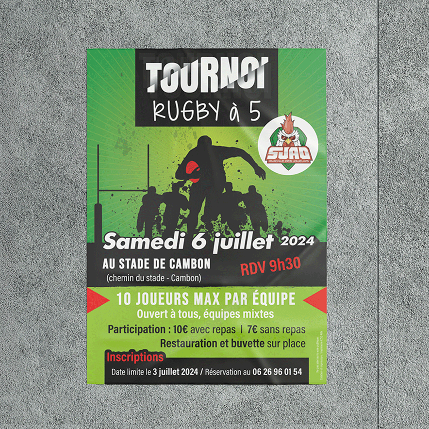 Affiche A0 pour le tournoi de rugby à 5 du SJAO, création graphique événementielle pour association sportive par Well Com Studio graphique à Albi.