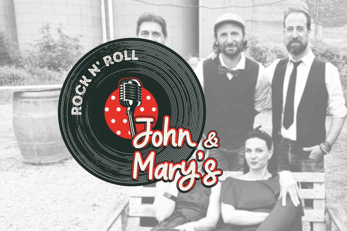 Logo style Rock'n'Roll pour le groupe John & Mary's : illustration de disque vinyle, micro vintage et motif à pois rouges, superposé sur la photo du groupe en noir et blanc. Création d'identité visuelle musique par Well Com Studio Graphique à Albi.