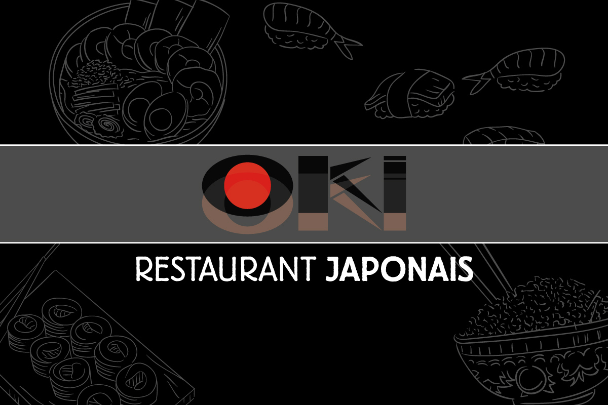 Logo typographique moderne pour le restaurant japonais OKI sur fond noir avec illustrations de sushis, création d'identité visuelle restauration par Well Com Studio Graphique à Albi.